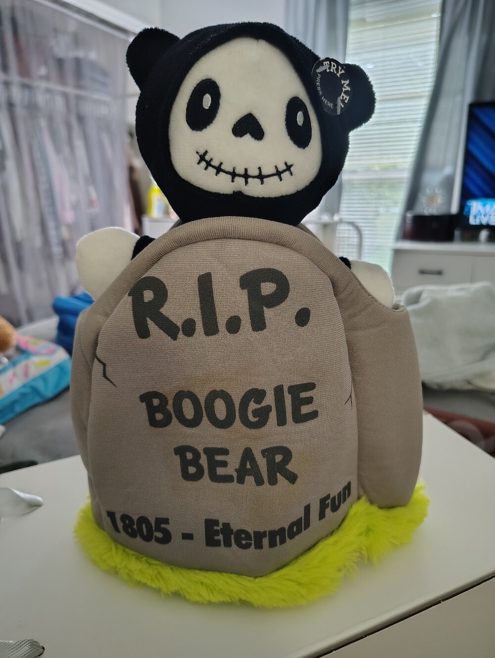 Boogie Bear Plush Tombstone Decorative Accent - Black & Grey